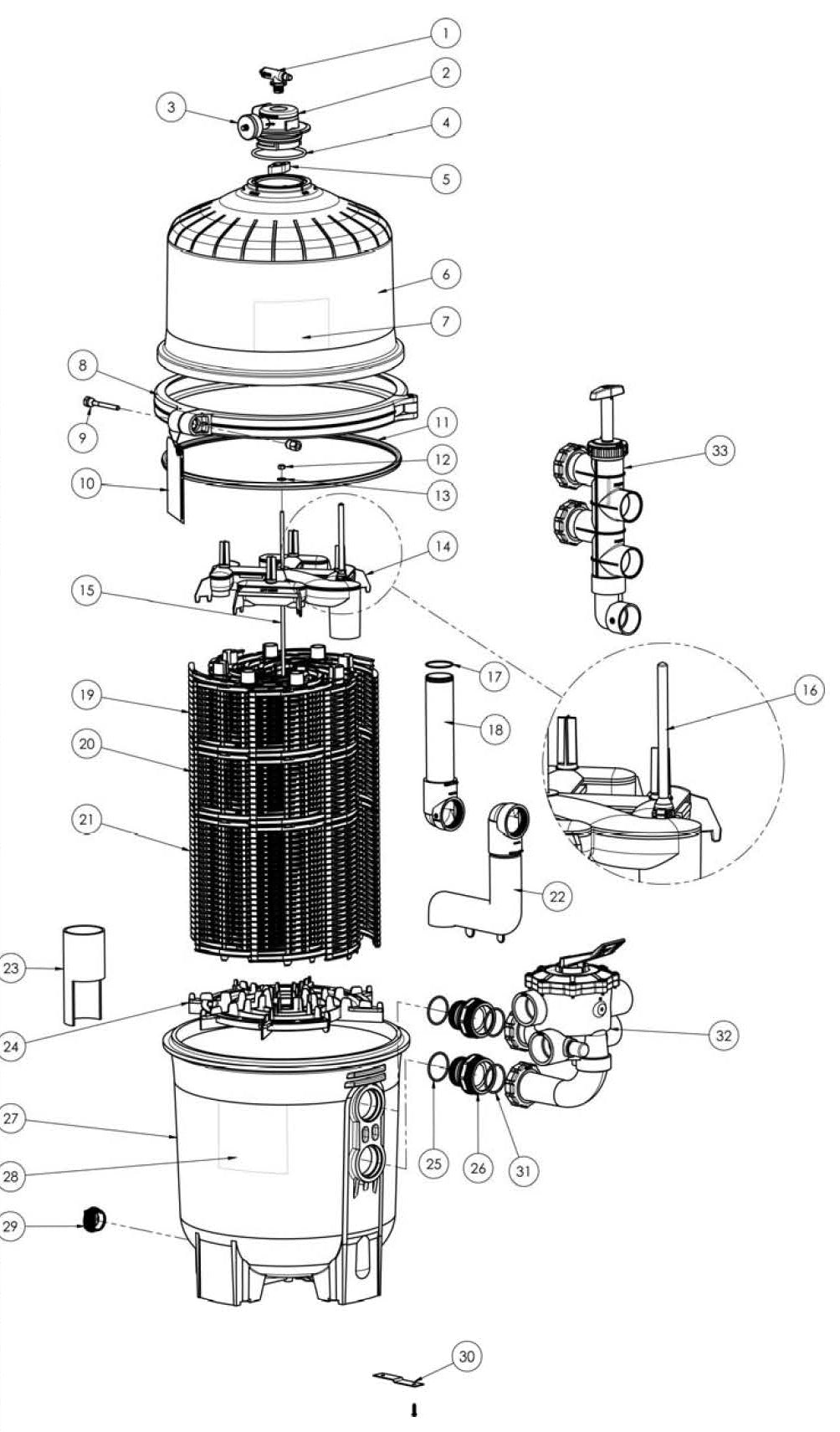 Hayward 72 SqFt ProGrid Vertical Grid D.E. Filter DE7220 parts diagram