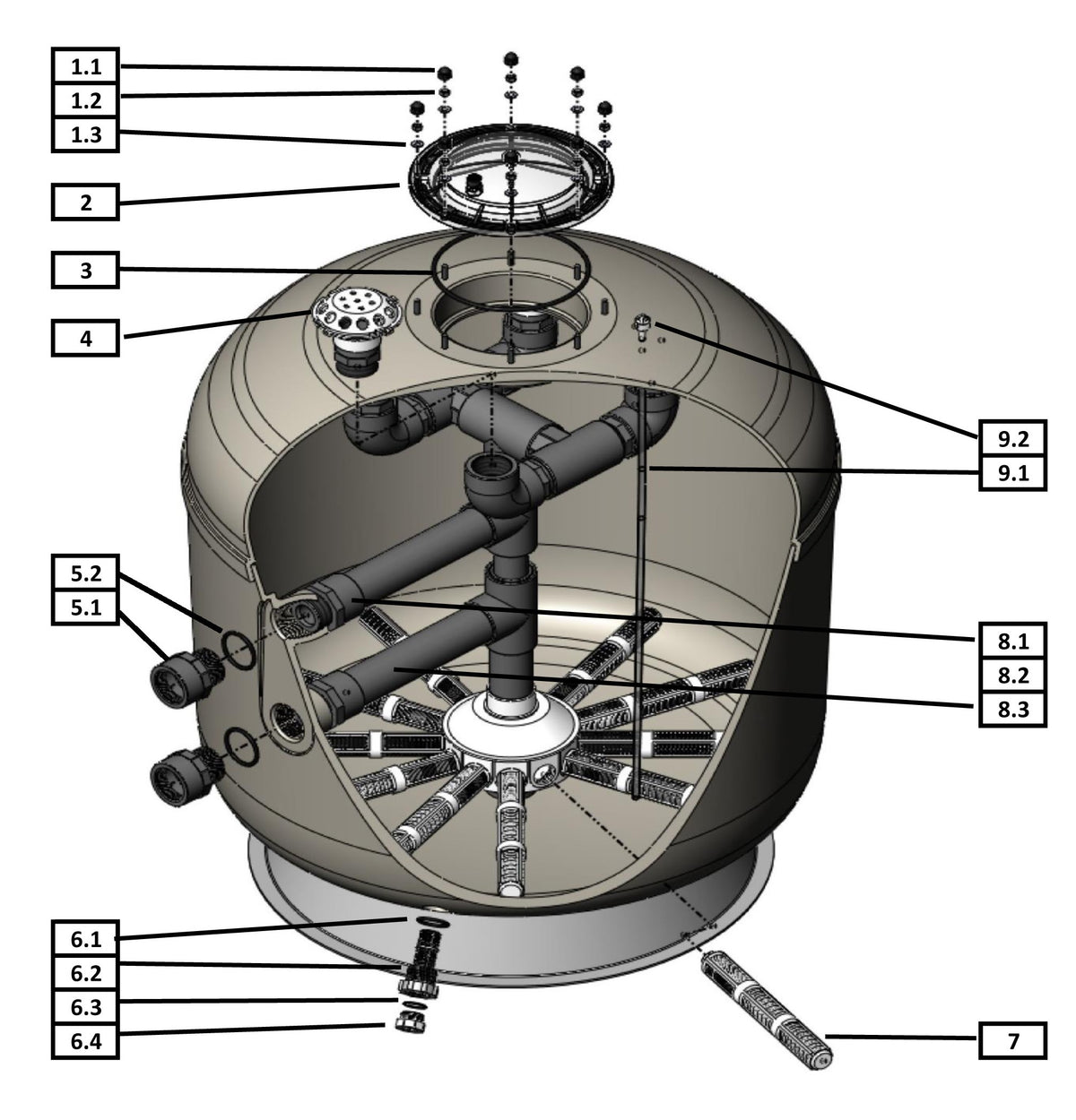 Hayward 36" HCF Series Commercial Fiberglass Sand Filter with 2.5" Bulkhead HCF236C parts diagram