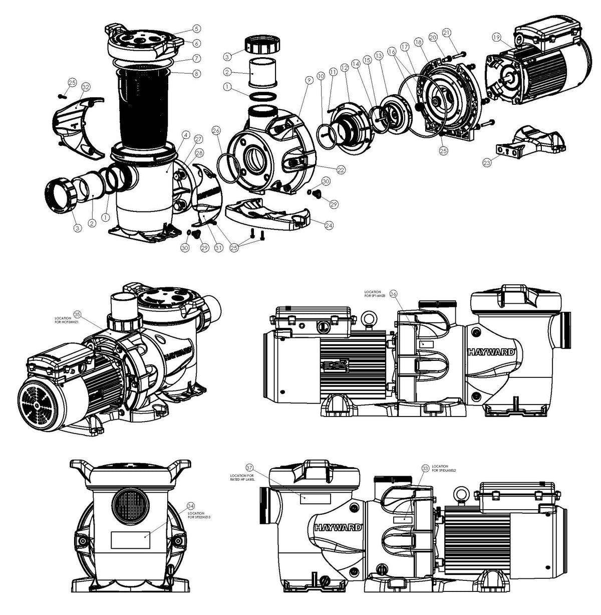 Hayward HCP 3000 Series Pump 2HP 3 Phase HCP30203 parts diagram
