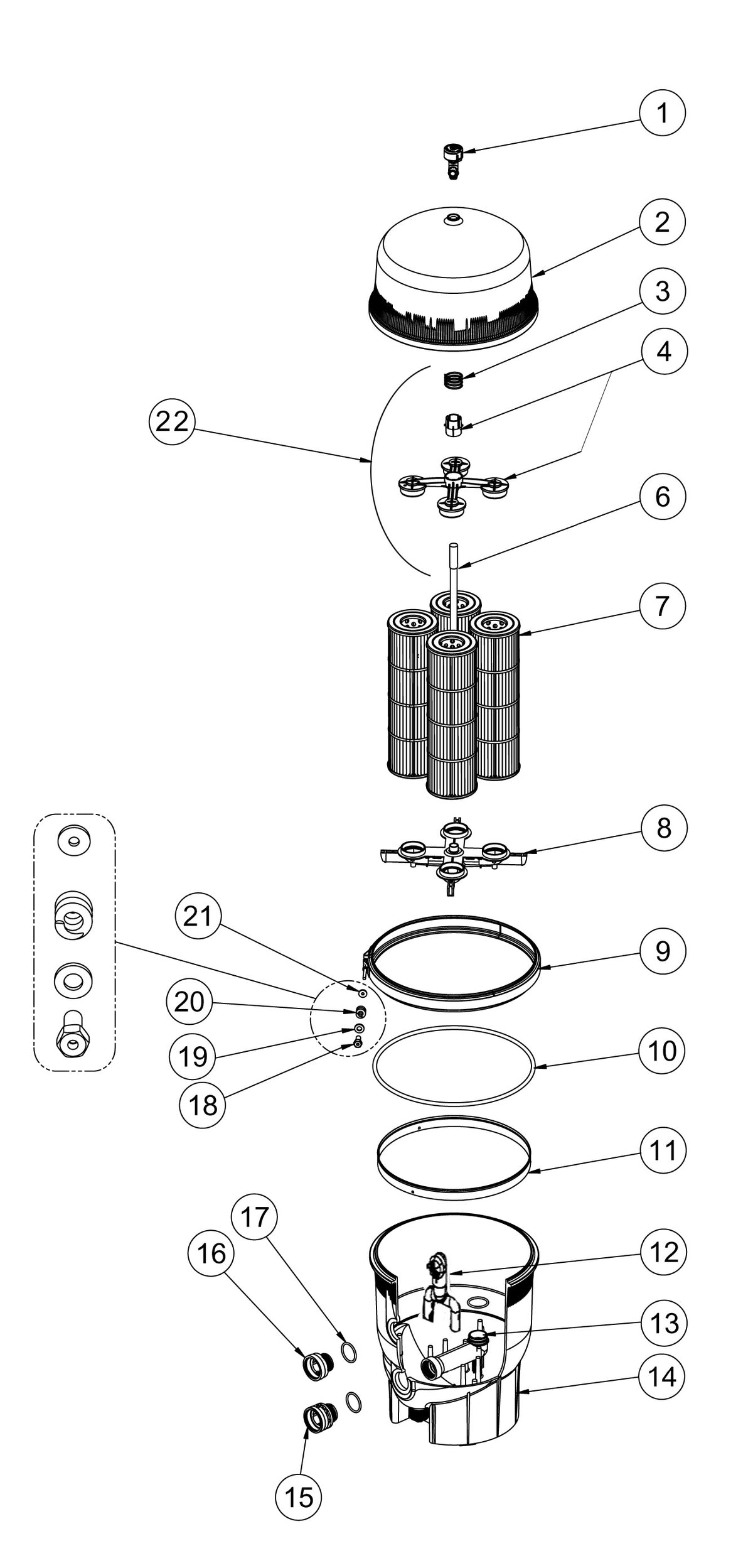 Pentair 80 SqFt Quad Cartridge Style D.E. Filter 188593 parts diagram