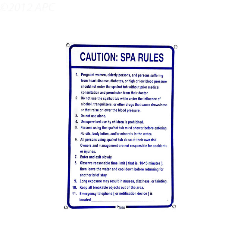 Pentair Water Pool and Spa Inc Spa Rules Sign 24"x36" - R234200