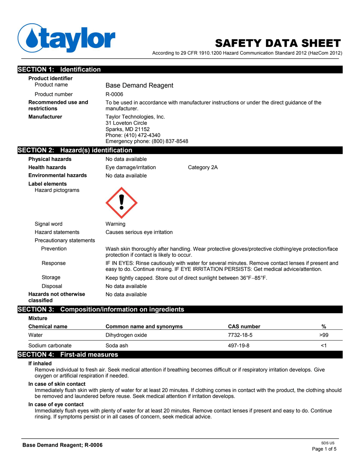 Taylor .75OZ Base Demand Reagent R-0006-A