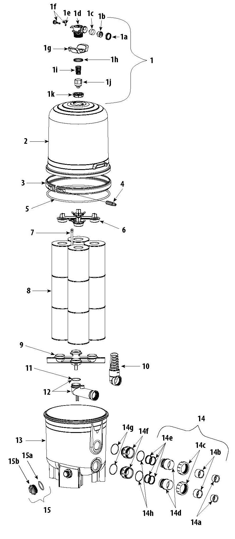 Waterway 425 SqFt Crystal Water Cartridge Filter 570-0425-07 parts diagram