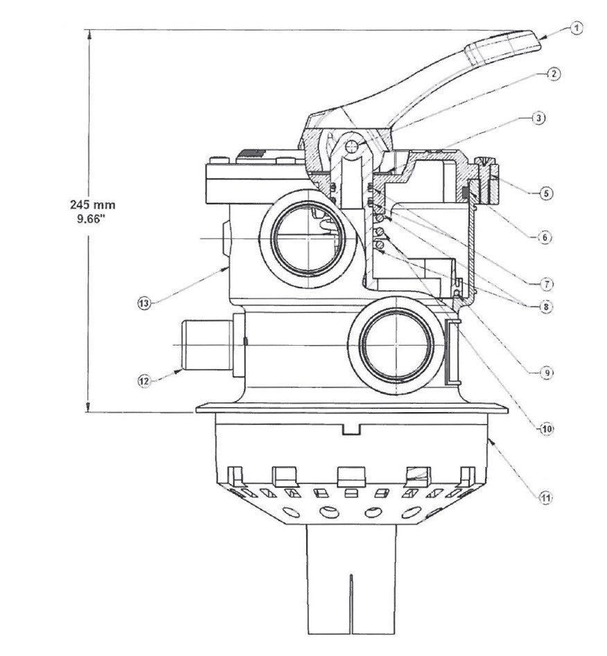 Hayward 1 1/2" Black Vari-Flo Top Mount Multiport Valve SP0714T parts diagram