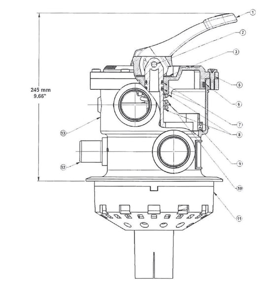 Hayward 1 1/2" Black Vari-Flo Top Mount Multiport Valve SP0714T parts diagram