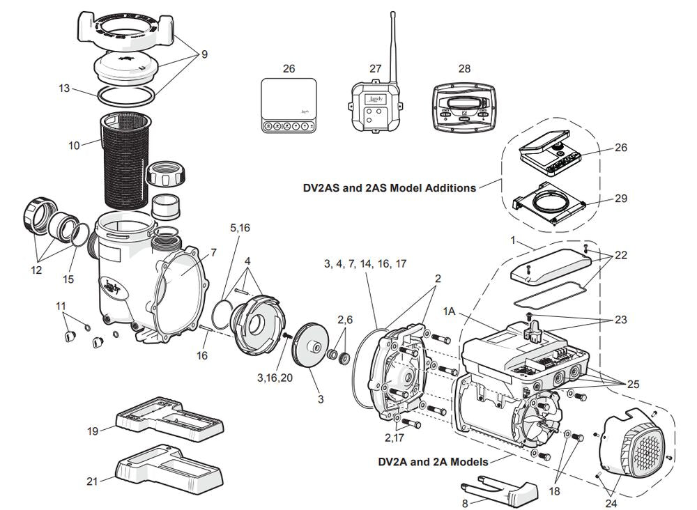 Jandy VS FloPro 2.7 HP Pump with SpeedSet Controller VSFHP270DV2AS parts diagram
