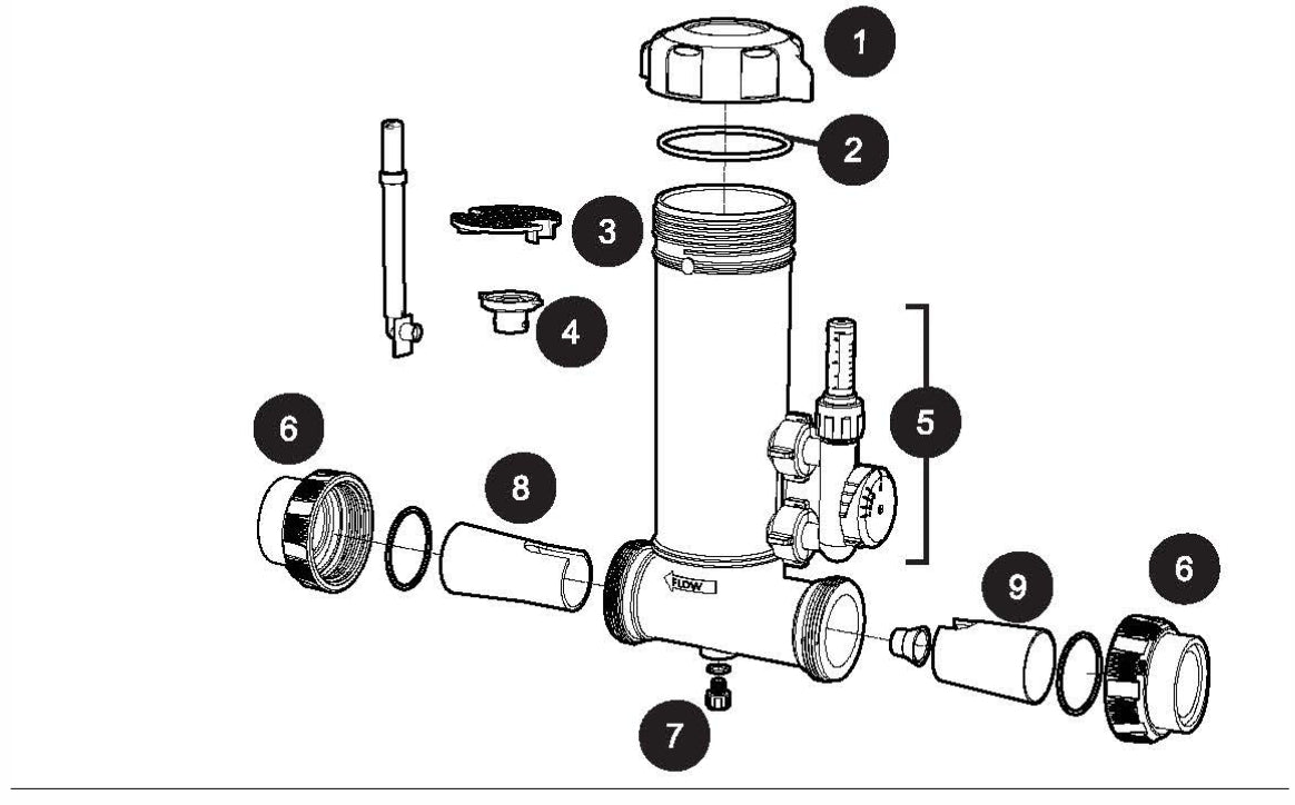 Jandy TruChlor Erosion Feeder In Line Variable 2- 2.5" Clamp with Clear Glass Lid TCLVSCG parts diagram