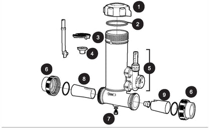 Jandy TruChlor Erosion Feeder In Line Variable 2- 2.5" Clamp with Clear Glass Lid TCLVSCG parts diagram
