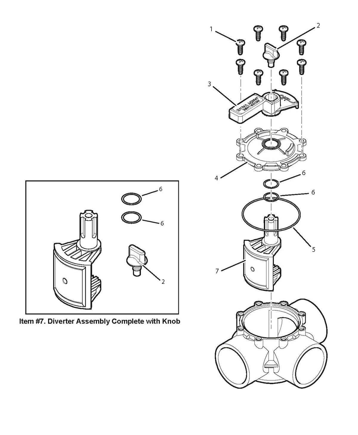 Jandy 2"-2 1/2" Neverlube Positive Seal 3-Port Diverter Valve 4717 parts diagram