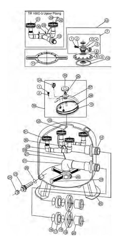 Pentair 30" Triton C High Capacity Fiberglass Side Mount Sand Filter TR100C Almond 140315 parts diagram