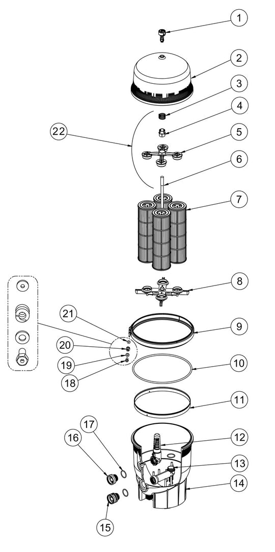 Pentair 60 SqFt Quad Cartridge Style D.E. Filter 188592 parts diagram