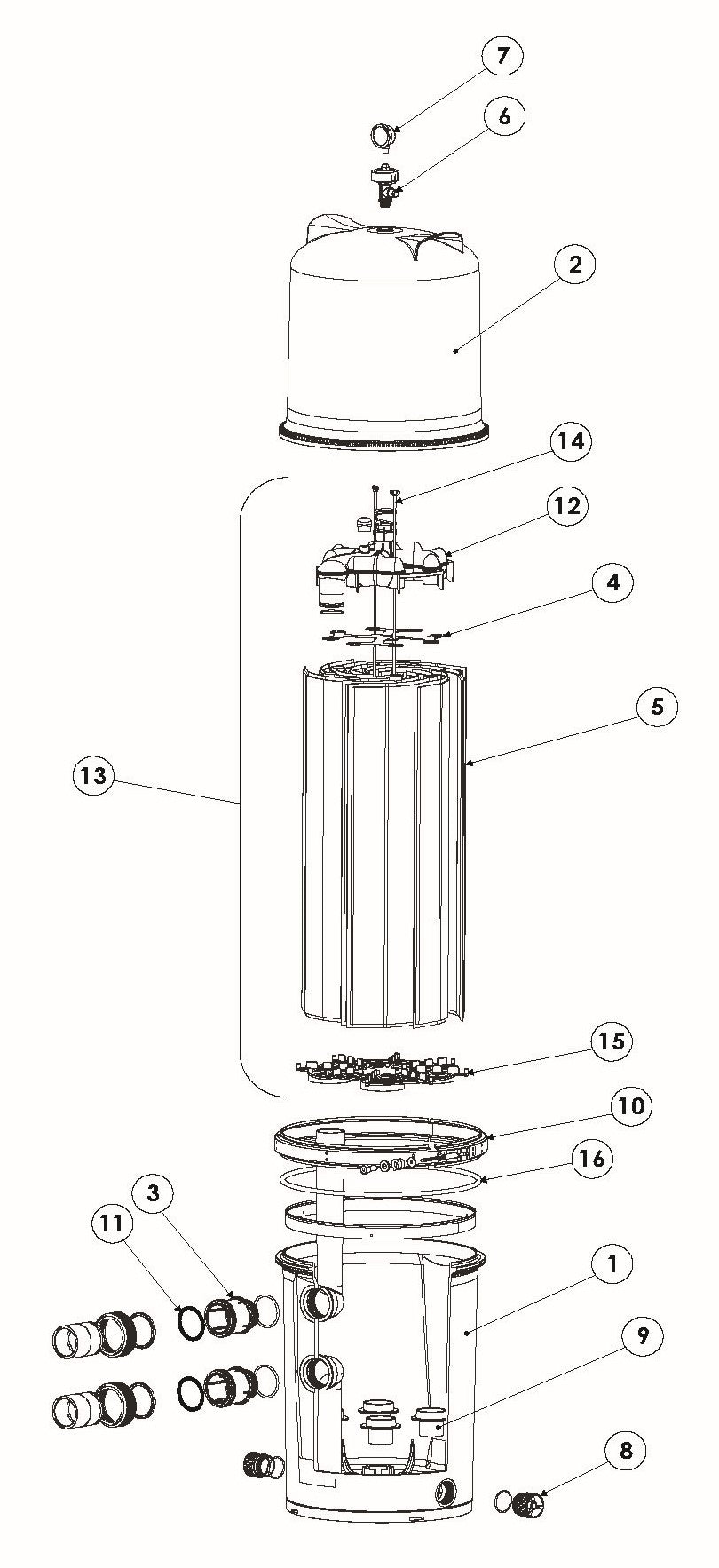 Pentair FullFloXF FV60 High-Efficiency Fiberglass D.E. Filter with 58 SqFt Filter Area 188624 parts diagram