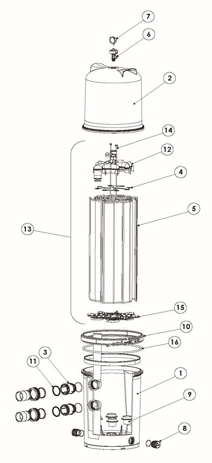 Pentair FullFloXF F72 High-Efficiency Fiberglass D.E. Filter with 72 SqFt Filter Area 188625 parts diagram