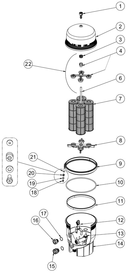 Pentair 60 SqFt Quad D.E. Cartridge Style Filter EC-188592 parts diagram