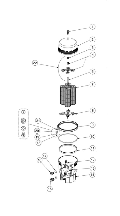 Pentair 100 SqFt Quad D.E. Cartridge Style Filter EC-188594 parts diagram