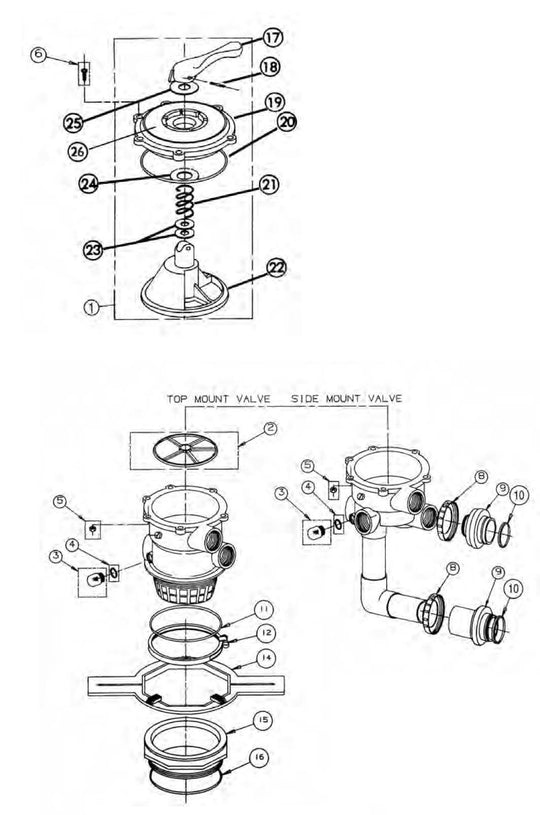 Pentair 2" Sand Quad D.E. Multiport Valve 261055 parts diagram
