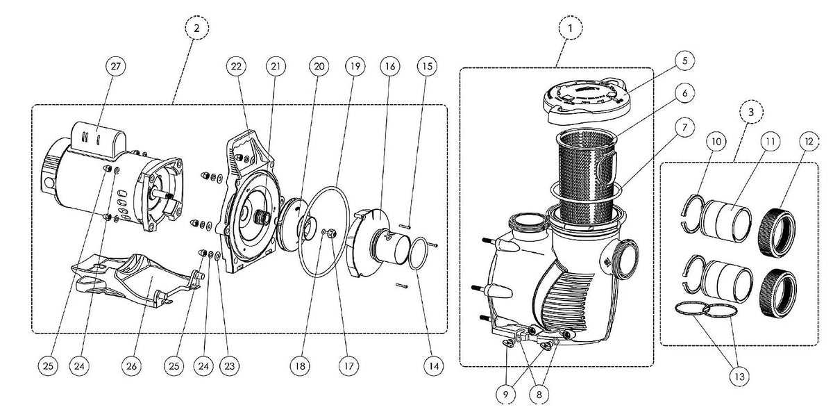 Pentair WhisperFloXF High Performance Pump 5 HP 208-230/460V 13.9-13.1/6.6 Amp 022019 parts diagram
