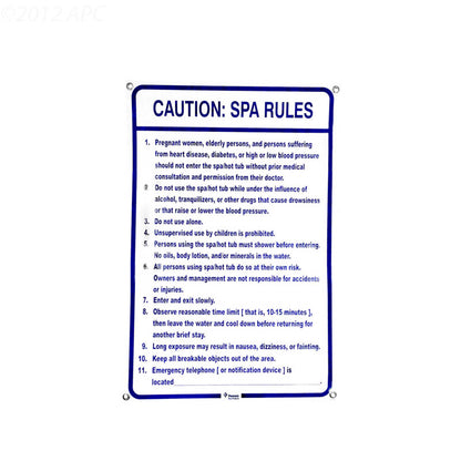 Pentair Water Pool and Spa Inc Spa Rules Sign 24"x36" - R234200