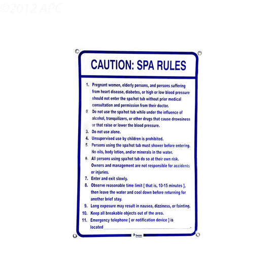 Pentair Water Pool and Spa Inc Spa Rules Sign 24"x36" - R234200
