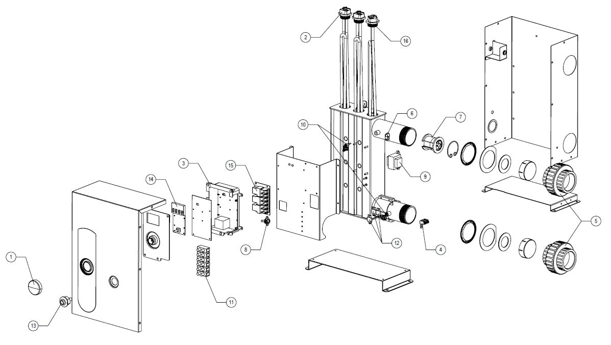 Raypak E3T Electric Pool & Spa Heater 1 Ph 18kW 100-10000665 parts diagram