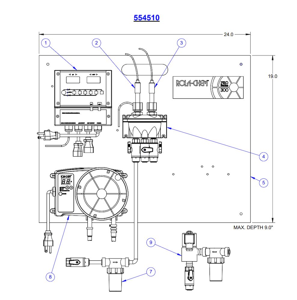 Rola-Chem Digital Controller with 38 GPD Peristaltic Pump and Solenoid Kit 554510 parts diagram