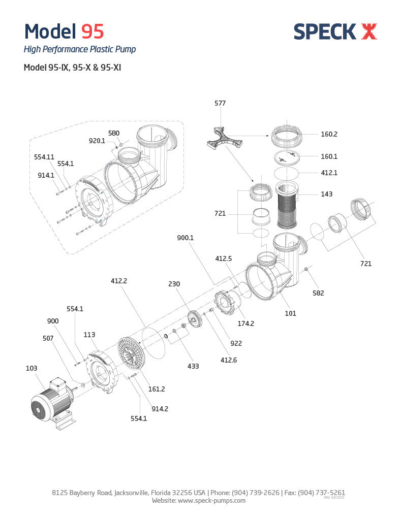 Speck Pumps 95-XI Single Speed Full Rated Commercial Pool Pump 10HP IG273-1100F-000 parts diagram