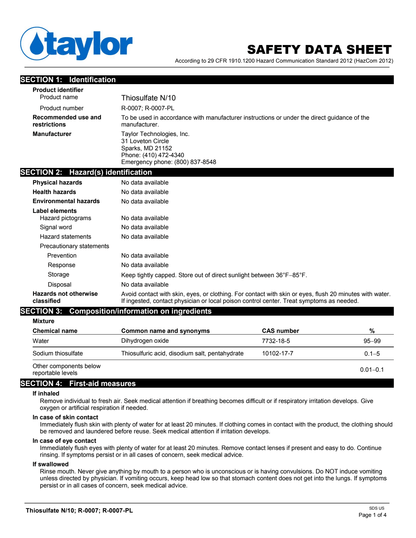 Taylor Thiosulfate N/10 .75 Oz (22ML) -K - R-0007-A-24