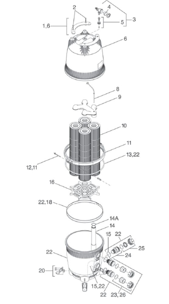 Jandy 460 SqFt 4 Element Large Cartridge Filter CL460 parts diagram