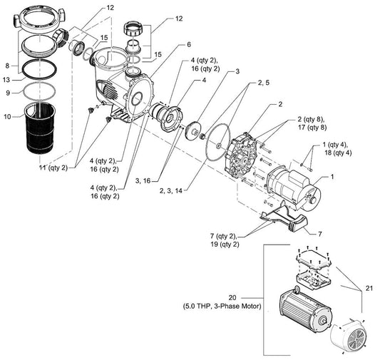 Zodiac Jandy Stealth Series Pump 5HP SHPF5.0-3PH parts diagram