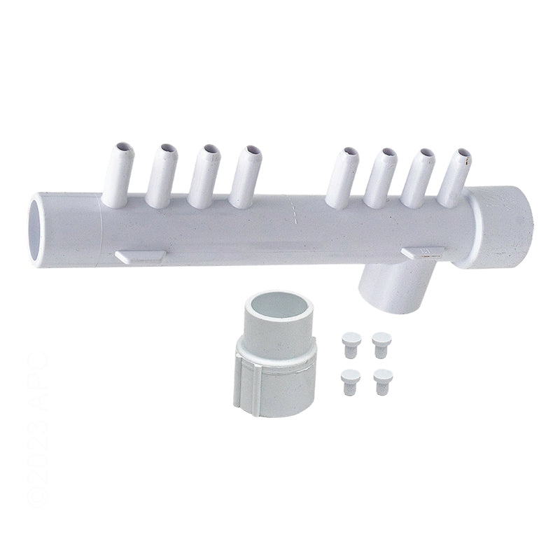 Waterway 8 Barb Mani Tee 1Spg X 1Sckt X 1Spg 3/8"B W/1"Plug & 3/8Plugs Manifold 1In Slip 8-3/8 Port Barb W/4 Plugs - 672