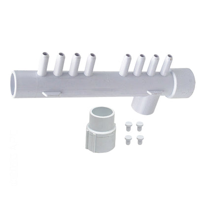 Waterway 8 Barb Mani Tee 1Spg X 1Sckt X 1Spg 3/8"B W/1"Plug & 3/8Plugs Manifold 1In Slip 8-3/8 Port Barb W/4 Plugs - 672