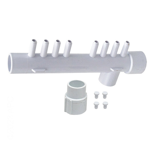 Waterway 8 Barb Mani Tee 1Spg X 1Sckt X 1Spg 3/8"B W/1"Plug & 3/8Plugs Manifold 1In Slip 8-3/8 Port Barb W/4 Plugs - 672