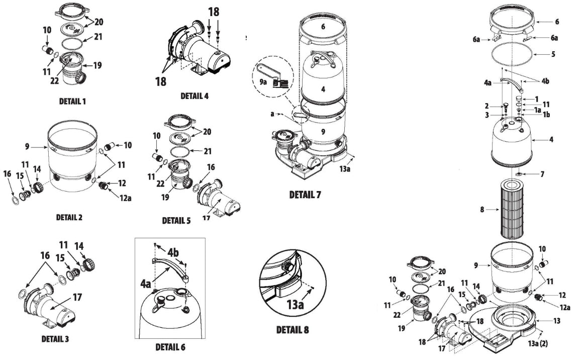 Waterway 100 SqFt ClearWater II Cartridge Filter System for Above Ground Pool 1.5HP 522-5147-3S parts diagram