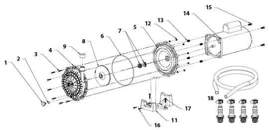 Waterway Universal Booster 48-Frame Pump with Connectors & Hose Kit .75 HP 3810430-1PDA parts diagram