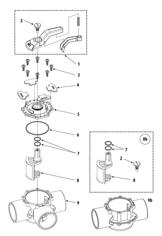 Waterway 2-1/2" Socket x 3" Spigot TruSeal 3-Way CPVC Diverter Valve 600-0401 parts diagram