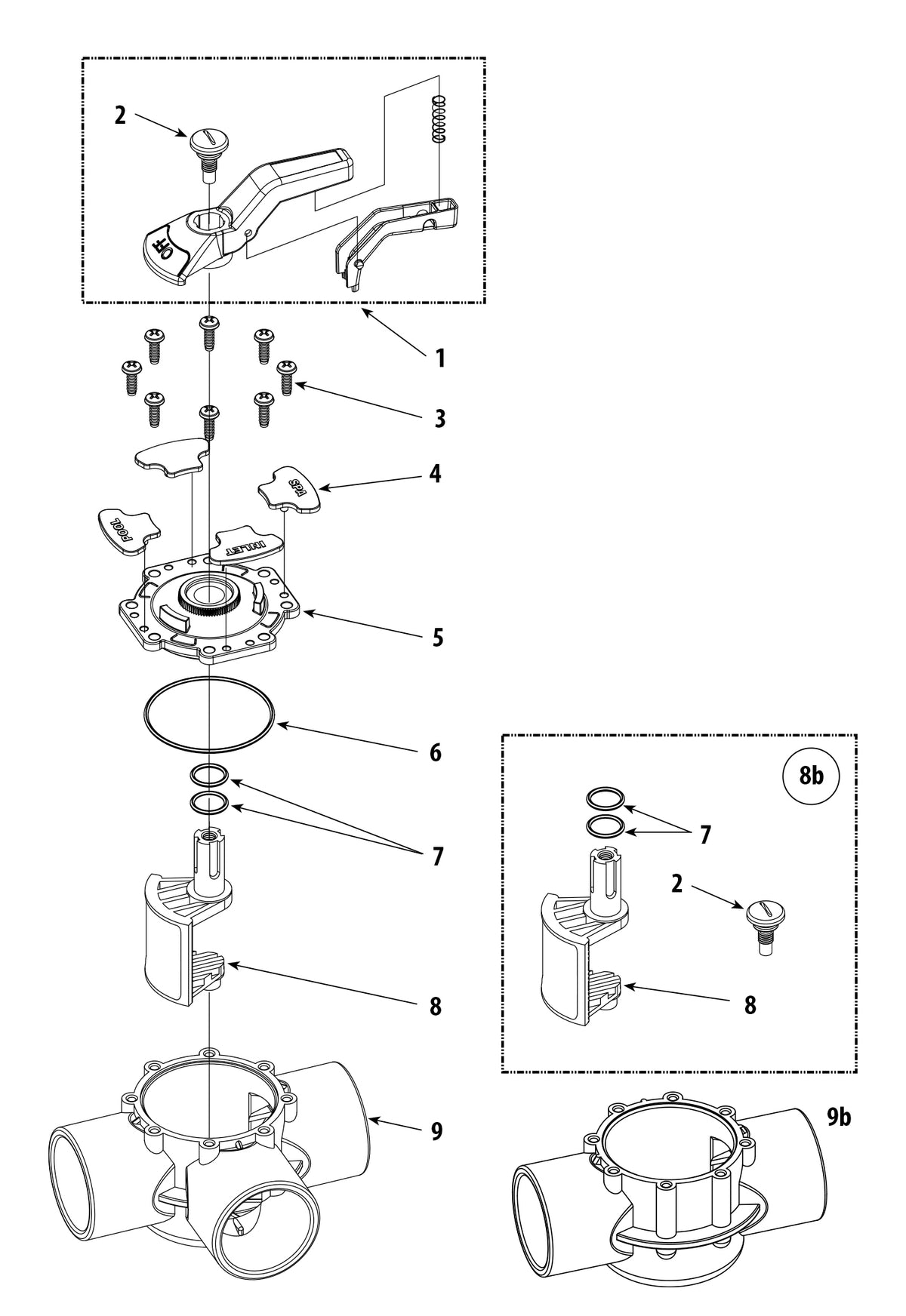 Waterway 1-1/2" Socket x 2" Spigot TruSeal 2-Way Straight CPVC Diverter Valve 600-7070-CPVC parts diagram