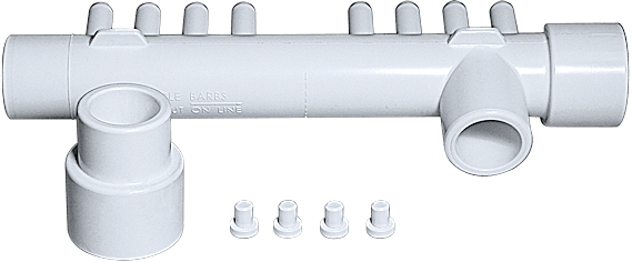Waterway 8 Barb Mani Tee 1Spg X 1Sckt X 1Spg 3/8"B W/1"Plug & 3/8Plugs Manifold 1In Slip 8-3/8 Port Barb W/4 Plugs - 672