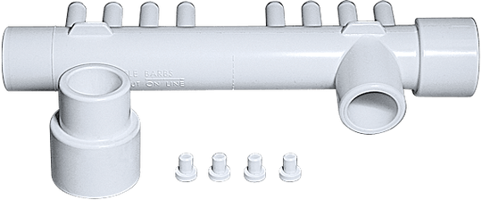Waterway 8 Barb Mani Tee 1Spg X 1Sckt X 1Spg 3/8"B W/1"Plug & 3/8Plugs Manifold 1In Slip 8-3/8 Port Barb W/4 Plugs - 672